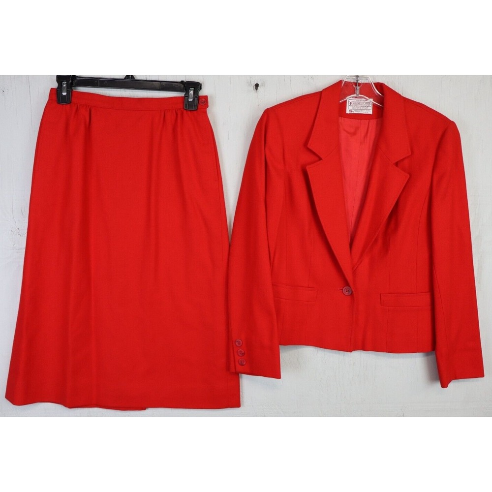 Vintage Pendleton Suit Two Piece Solid Red Blazer Skirt Wool Size 8